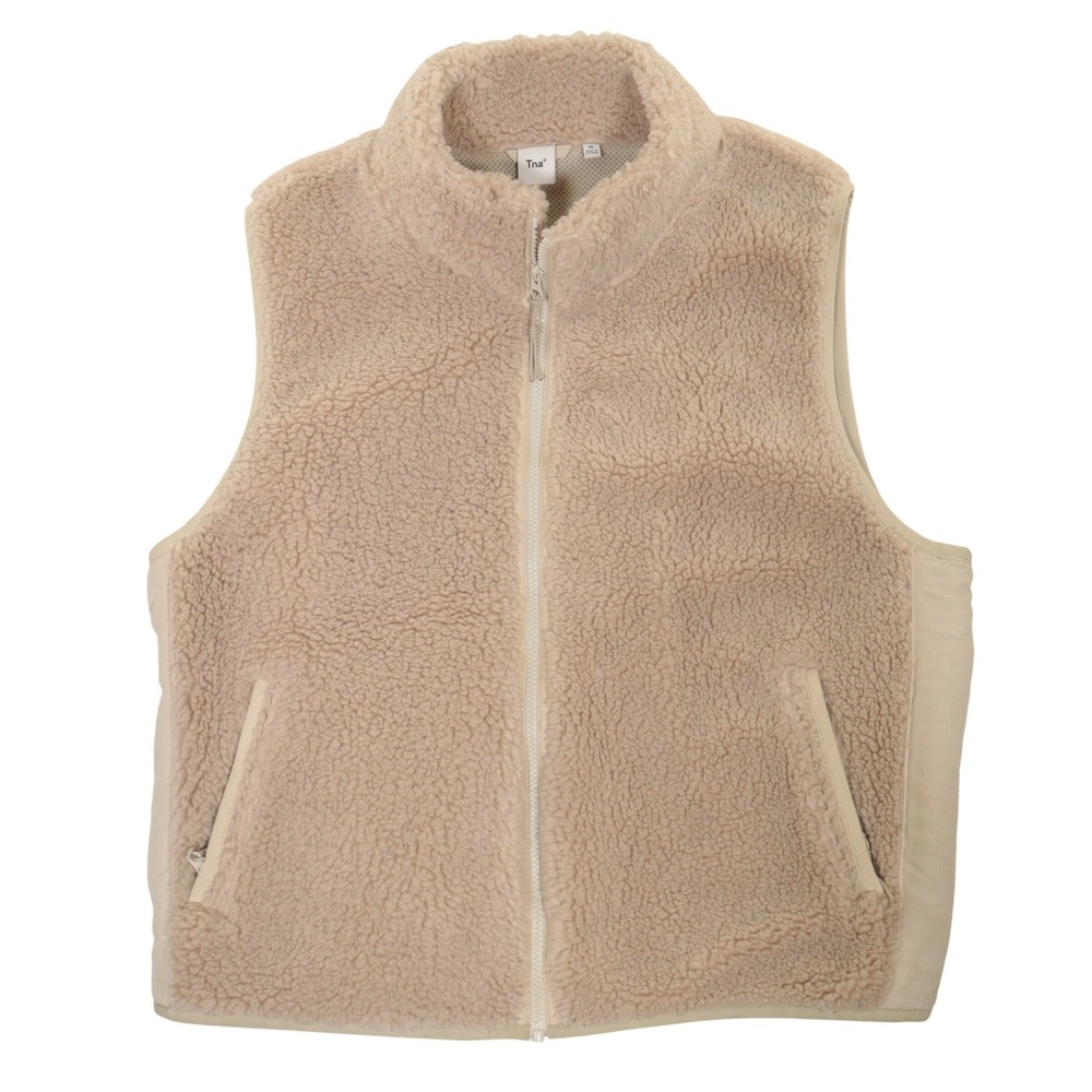 Tna Aritzia Sherpa Fleece Vest Women XL Teddy Full Zip Gorp Layering Beige Tan